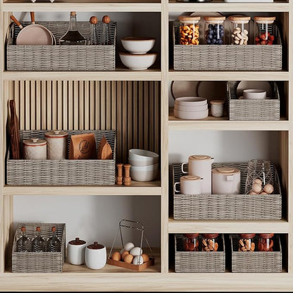 Rattan Storage Baskets, Handwoven Wicker Storage Bins with Built-in Handles, Storage Container Baskets for Shelves, Bedroom, Bathroom, Laundry Room or Kitchen(Grey)