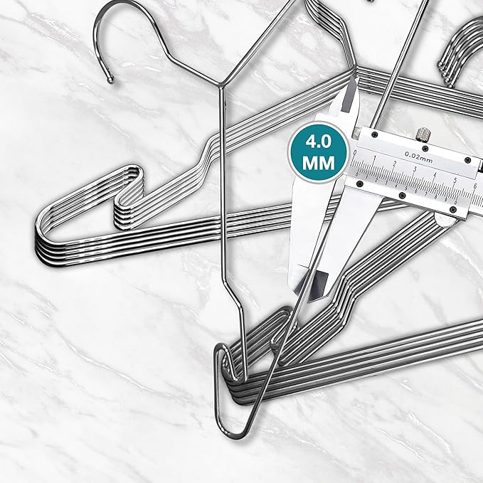 Heavy Duty Metal Hangers with Unique Hook Design Durable & Sturdy Coat Hangers 4mm Thick Withstands 25lbs Weight Smooth Powder Coated Finish Compact Shirt Hangers - 10 Pack Chrome