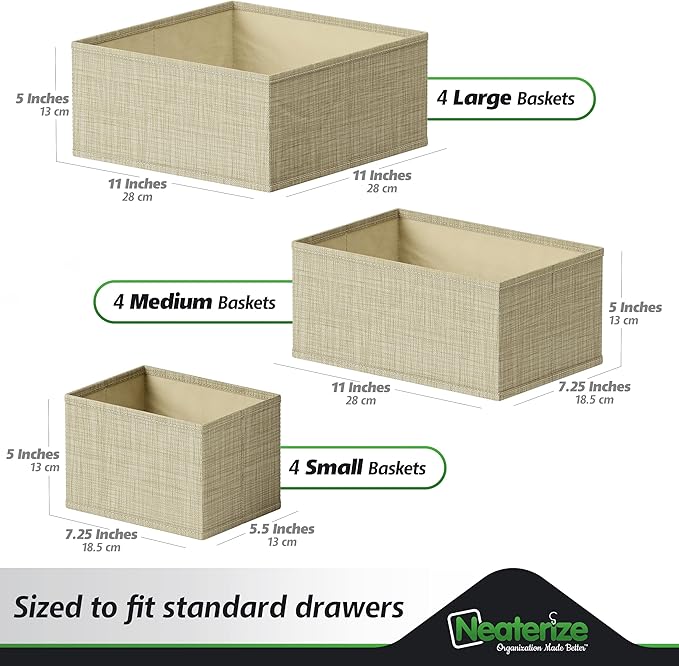 Drawer Organizer Clothes Set of 12 Beige - Dresser Organizer For Nursery, Bedroom, Closet - The Perfect Baby Clothes Organizers and Storage & General Nursery Organization or Dresser Drawer Organizers