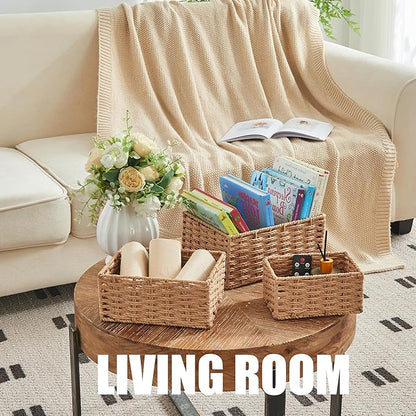 Small Wicker Basket for Organizing, Woven Storage Basket Set of 3 - Handwoven Natural Paper Rope Baskets to Declutter Any Room, Perfect for Organizing and Home Decor
