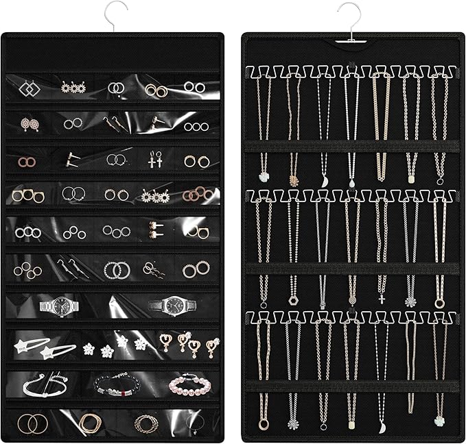 Hanging Jewelry Organizer Storage Roll, Double-Sided Necklaces Holder, 42 Pockets Plus 36 hooks Earrings Organizer Hang in Closet, On Wall, or Doors, Black