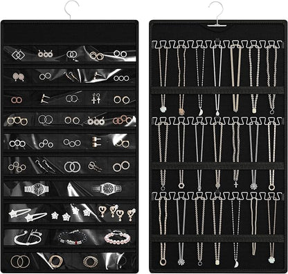 Hanging Jewelry Organizer Storage Roll, Double-Sided Necklaces Holder, 42 Pockets Plus 36 hooks Earrings Organizer Hang in Closet, On Wall, or Doors, Black