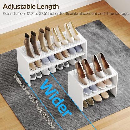 YATINEY Expandable Shoe Rack, 2-Tier Adjustable Entryway Shoe Organizer, Stackable Closet Shoe Rack for Small Space, Compact Shoe Shelf Storage for Garage Holds Up to 12 Pairs, White SS03WW