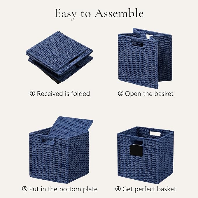 UBBCARE 4 Pack Wicker Basket, 10.5×10.5 Storage Cubes with Label, Foldable Cube Storage Bin with Handle, Square Storage Basket for Shelves, Woven Paper Rope Basket for Organizing, Blue