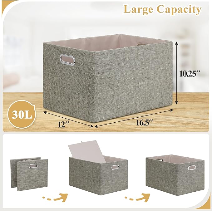 Posprica Closet Storage Bins, 4 Pack Large Closet Shelf Organizers, Linen Fabric Decorative Storage Baskets for Organizing, Foldable Storage Box for Clothes, Toy, 16.5x12x10.25 Inch-Coffee