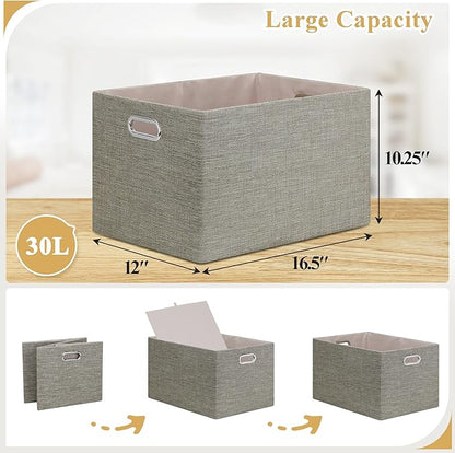 Posprica Closet Storage Bins, 4 Pack Large Closet Shelf Organizers, Linen Fabric Decorative Storage Baskets for Organizing, Foldable Storage Box for Clothes, Toy, 16.5x12x10.25 Inch-Coffee