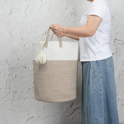Woven Cotton Rope Laundry basket-15”X20” Laundry Hamper-Rope Storage Basket for Dirty Clothes, Toys and Blankets Perfect for Bathroom, Baby nursery and Living Room Storage (white and brown)
