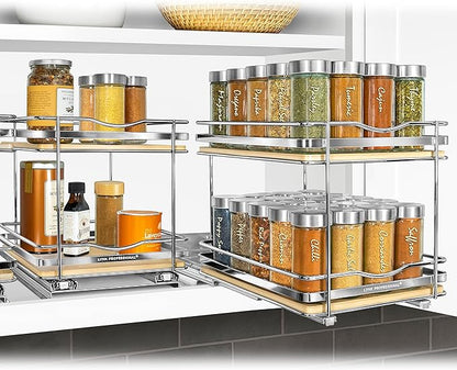 LYNK PROFESSIONAL® Élite™ Pull Out Spice Organization for Cabinets - 8-3/8 inch Wide – Spice Rack for Inside Cabinets – Wood/Chrome - Sliding Spice Rack Organizer for cabinet – Spice Rack - 2 Tier