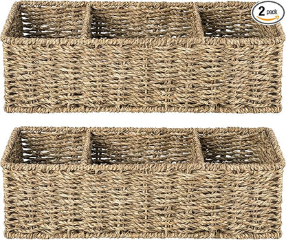 StorageWorks Wicker Toilet Basket Tank Topper, Toilet Paper Basket for Back of Toilet Tank Top, 3-Section Seagrass Storage Baskets for Shelves, 2-Pack