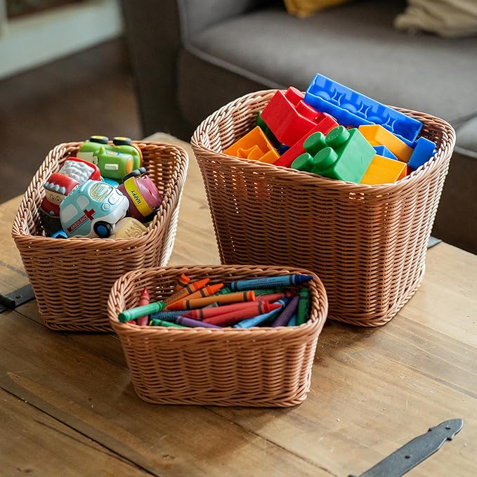 Rectangular Plastic Woven Baskets- Mixed Sizes Set of 3