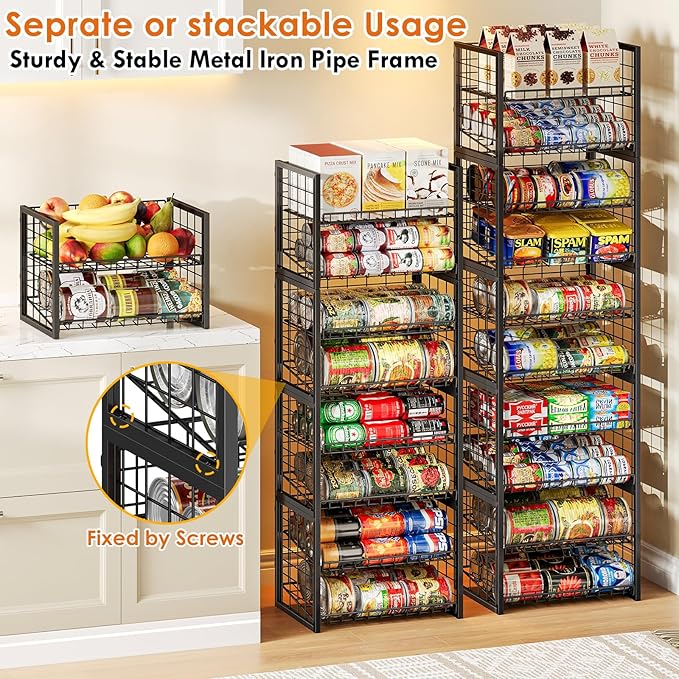 X-cosrack 2 Packs Stackable Can Rack Organizer for Pantry, 2-Tier Sturdy Adjustable Pantry Can Storage Organizer for Canned Food Can Goods, Kitchen Can Dispenser Holder for Soda Drinks Snack, Black