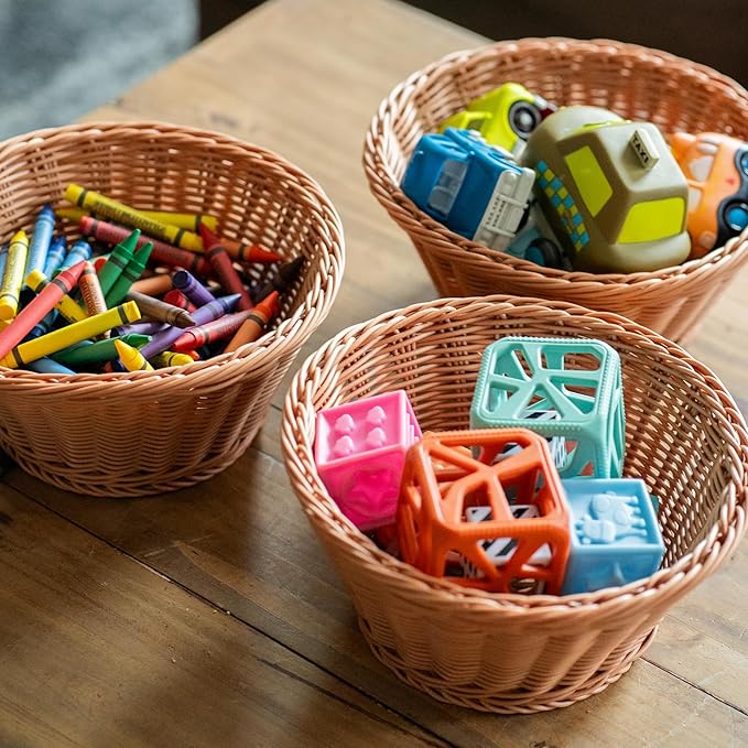 Set of 3 Round Plastic Woven Storage Baskets, Organization Bins for Classroom, Home Decor, or Office Use, 10.5" x 4.75”