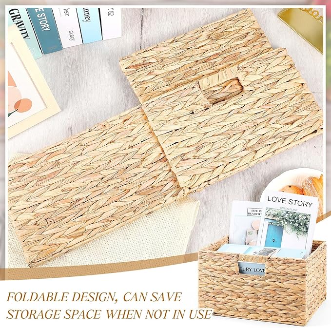 Jinei 12 Pcs Wicker Storage Basket Bulk 13 x 13 x 8 Inch Handwoven Water Hyacinth Cube Bin with Handles Woven Laundry for Organizer Shelves Wood Color