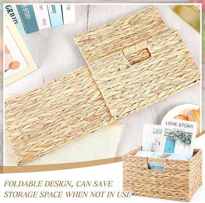 Jinei 12 Pcs Wicker Storage Basket Bulk 13 x 13 x 8 Inch Handwoven Water Hyacinth Cube Bin with Handles Woven Laundry for Organizer Shelves Wood Color