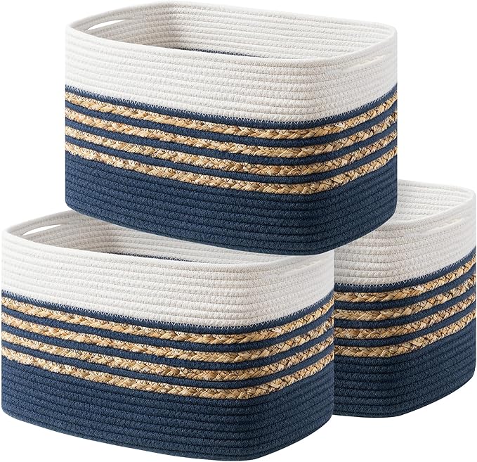 UBBCARE 3 Pack Baskets for Organizing, Woven Storage Baskets for Toys and Towel, Rectangle Cotton Rope Basket with Handles, 14''L x 8''W x9''H, Navy Blue