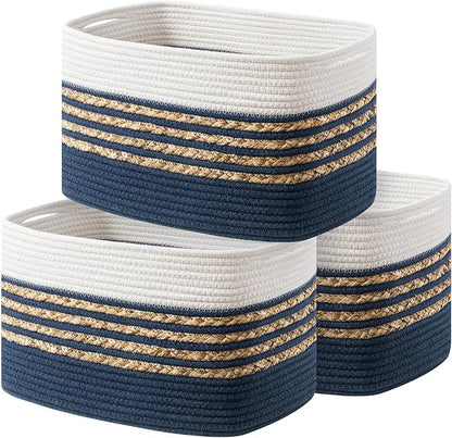 UBBCARE 3 Pack Baskets for Organizing, Woven Storage Baskets for Toys and Towel, Rectangle Cotton Rope Basket with Handles, 14''L x 8''W x9''H, Navy Blue