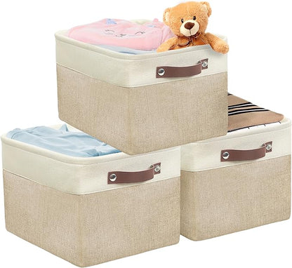 Simple Houseware 15" x 11" Large Fabric Storage Bin for Closet and Shelves, Leather Like Handles, 3 Pack, Beige