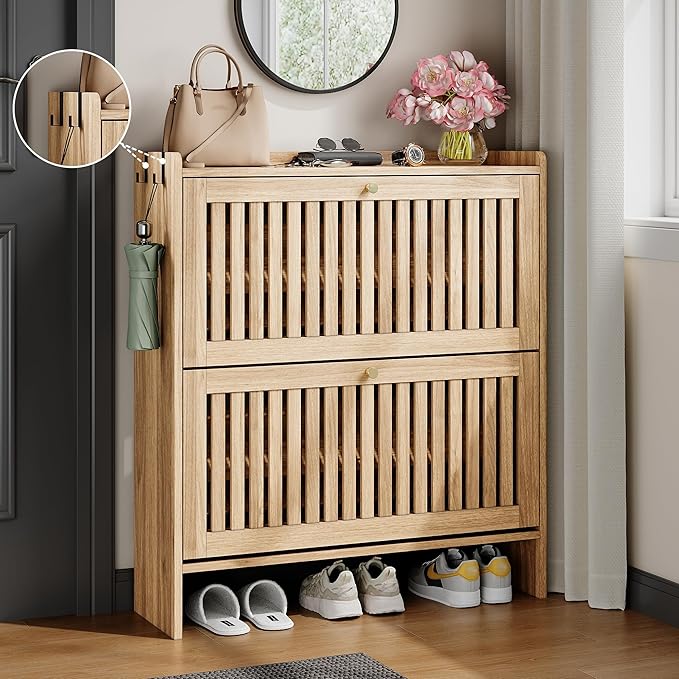 wanan 31.5" Modern Slatted Shoe Cabinet with 2 Flip Drawers, Adjustable & Removable Panels, Safety Guard Rail Top, Wide Shoe Storage Cabinet for Entryway (Light Oak)