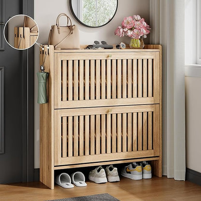 wanan 31.5" Modern Slatted Shoe Cabinet with 2 Flip Drawers, Adjustable & Removable Panels, Safety Guard Rail Top, Wide Shoe Storage Cabinet for Entryway (Light Oak)