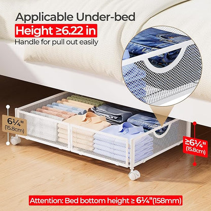 Yecaye Under Bed Storage with Wheels, 2 Pack Under Bed Shoe Storage Organizer Drawer, Tool-free Assembly Metal Underbed Storage Containers for Clothes, Shoes, White