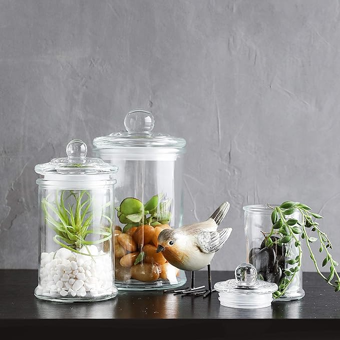 KMWARES 3PCs Set Small Mini Clear Glass Premium Quality Apothecary Jars/Bathroom Storage/Vanity Organizer Canisters for Cotton Balls/Swabs, Makeup Sponges, Bath Salts, Q-Tips (3Jar)