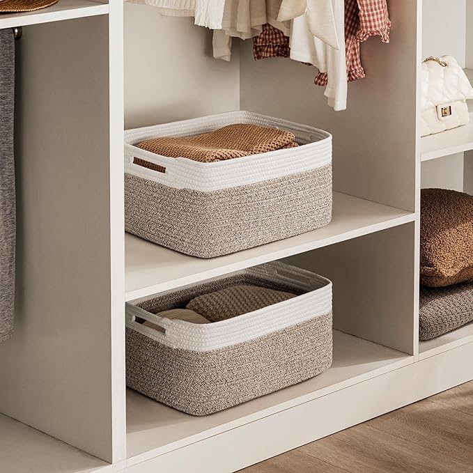 UBBCARE 2 Pack Storage Baskets for Shelves, Large Woven Storage Baskets, Dog Toy Bins, Baskets for Organizing Clothes, Towels, Books, Blanket, 17"L x 13"W x 7.5"H, White&Brown