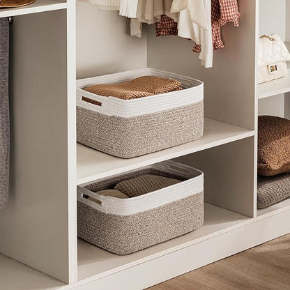 UBBCARE 2 Pack Storage Baskets for Shelves, Large Woven Storage Baskets, Dog Toy Bins, Baskets for Organizing Clothes, Towels, Books, Blanket, 17"L x 13"W x 7.5"H, White&Brown