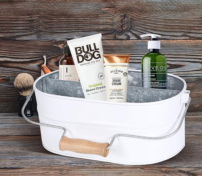 Light & Pro Farmhouse Rustic Silverware Utensil Carry All Caddy- Galvanized Utensil Caddy with Wooden Handle for Kitchen Counter, Silverware Organizer for Flatware, Condiments, Party Supplies - White