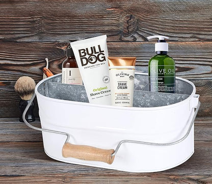 Light & Pro Farmhouse Rustic Silverware Utensil Carry All Caddy- Galvanized Utensil Caddy with Wooden Handle for Kitchen Counter, Silverware Organizer for Flatware, Condiments, Party Supplies - White