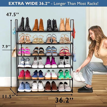 Sundaze Shoe Rack - 6 Tier Metal Shoe Rack for Front Door Entrance, Sturdy Tall Shoe Organizer for Closet, Bedroom, Entryway, Garage, Black Metal Shoe Shelf, Holds Up to 30 Pairs