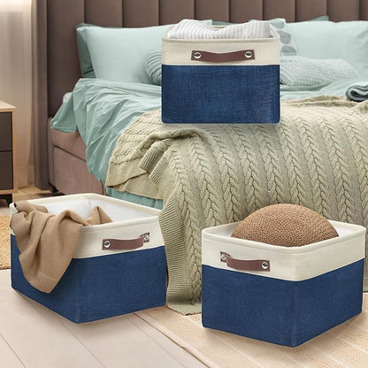 Simple Houseware 15" x 11" Large Fabric Storage Bin for Closet and Shelves, Leather Like Handles, 3 Pack, Steel Blue