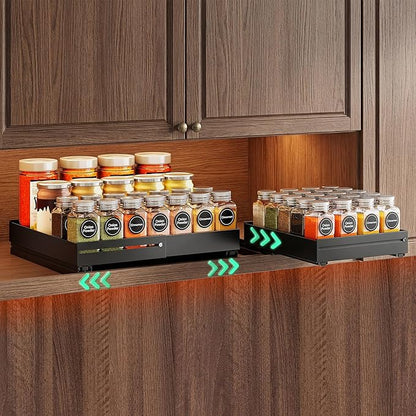 SNTD Pull Out Spice Rack for Upper Cabinet - Expandable Organizer with Smooth Ball Bearing Slides, No Drill Mounting Spice Storage for Kitchen (1 Pack, 7.2" to 12.9" W X 10" D X 2.2" H)