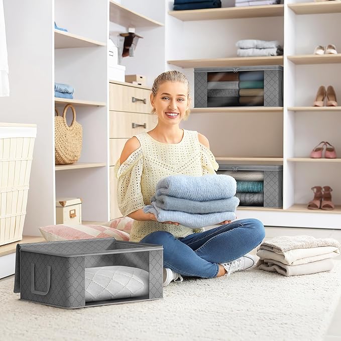 Sorbus Medium Clothes Storage Bags - Foldable Blanket Storage Bins for Organizing Bedroom, Closet, Clothing, Comforter, Organization with Clear Window, Lids and Carry Handles - Set of 6