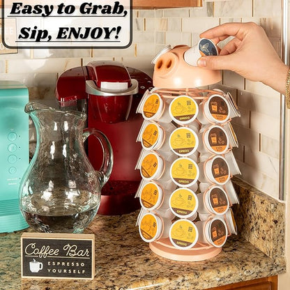 Made Easy Kit Carousel Coffee Pod Holder, Compatible with Keurig K-Pods K-Cups, Countertop Rack Storage Organizer, Metal Home and Kitchen Decor, Capsule Café Station Bar (Small, Pink Pig)