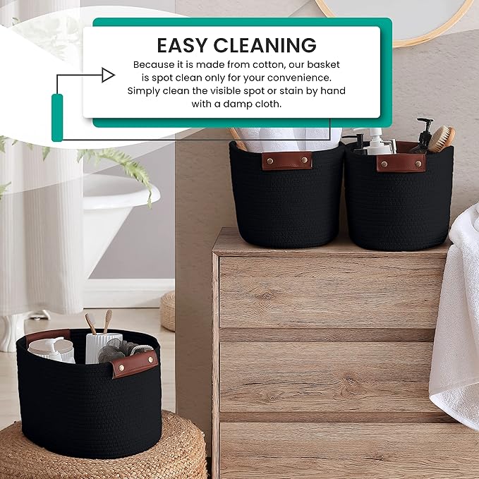 3 Pack Cotton Rope Storage Basket Woven Shelf Storage Bin with Faux Leather Handles, Decorative Closet Shelf Woven Basket for Storage Organizers, 15 x 10 x 9, Black