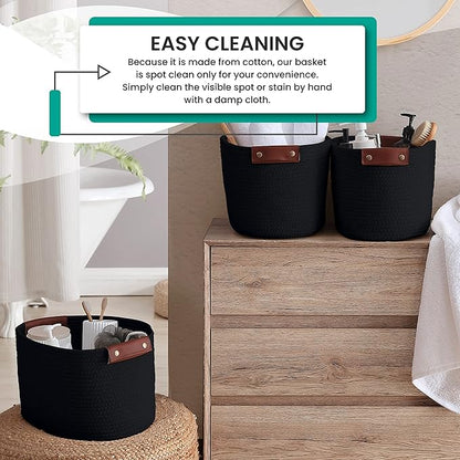 3 Pack Cotton Rope Storage Basket Woven Shelf Storage Bin with Faux Leather Handles, Decorative Closet Shelf Woven Basket for Storage Organizers, 15 x 10 x 9, Black