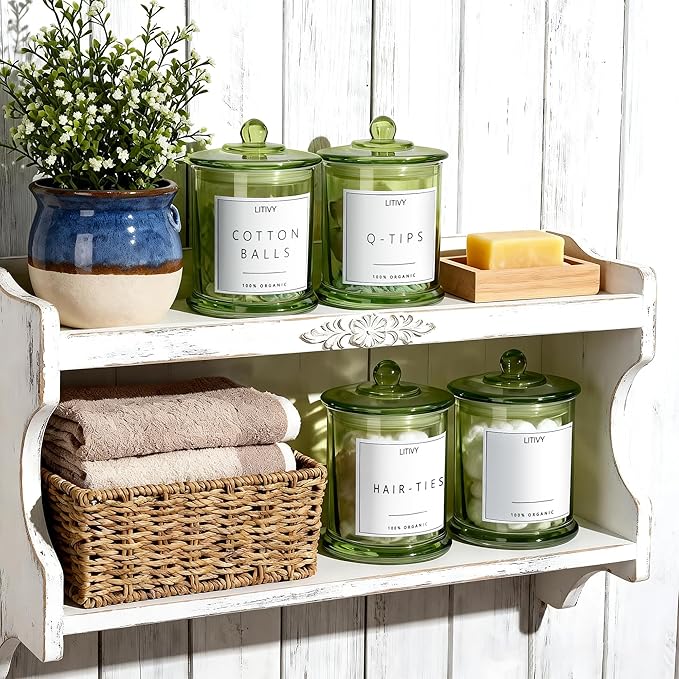 LITIVY 4 Pack Bathroom Organizers and Storage - 16 Oz Glass Qtip Holder & Cotton Pad Dispenser with Lid, Apothecary Jars for Home, Room Decor, Kitchen Organizer (Green)