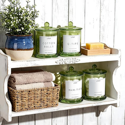 LITIVY 4 Pack Bathroom Organizers and Storage - 16 Oz Glass Qtip Holder & Cotton Pad Dispenser with Lid, Apothecary Jars for Home, Room Decor, Kitchen Organizer (Green)