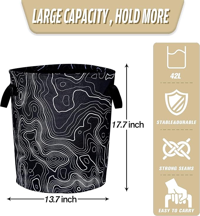 Topographic Map Laundry Basket Topography Pattern Foldable Oxford Cloth Funny Tote Bag Laundry Hamper Clothes Storage Bucket Organizer For Bathroom/Laundry Storage/Bedroom 17.7x13.7