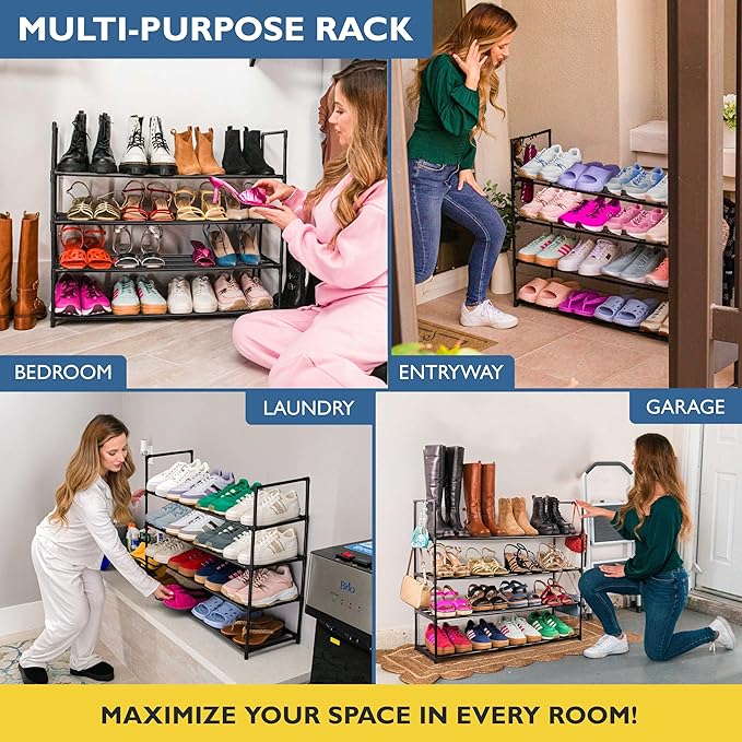Sundaze Shoe Rack - 4 Tier Metal Shoe Rack for Front Door Entrance, Sturdy Long Shoe Organizer for Closet, Bedroom, Entryway, Garage, Black Metal Shoe Shelf, Holds Up to 20 Pairs