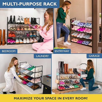 Sundaze Shoe Rack - 4 Tier Metal Shoe Rack for Front Door Entrance, Sturdy Long Shoe Organizer for Closet, Bedroom, Entryway, Garage, Black Metal Shoe Shelf, Holds Up to 20 Pairs
