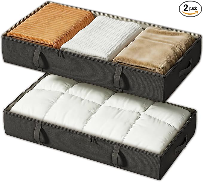 Vailando Under Bed Storage Containers, 6 Inches Tall 60L Underbed Storage Bins with Sturdy Handles and Sidewalls, Closet Organizer for Clothes, Blankets, Seasonal Items, Black, 2-Pack