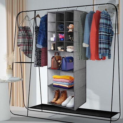 Libeder Shoe Organizers for Closet, 15 Shelf Hanging Closets Storage Shelves,12 Rack Organizer 3 Large Compartment for Clothes, Space Saving for Shoes with 3 Metal Hook(Grey)