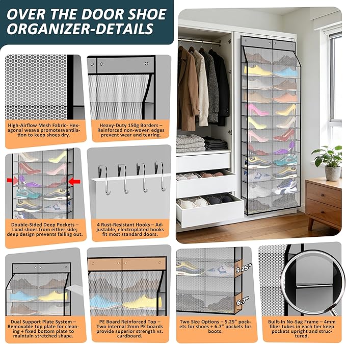 Kotkn 24-Pair Over Door Shoe Organizer for Family & Kids, Double Sided | Hanging Storage for Sneakers, Boots, Toys & Room Organization-Graphite Gray