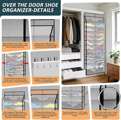 Kotkn 24-Pair Over Door Shoe Organizer for Family & Kids, Double Sided | Hanging Storage for Sneakers, Boots, Toys & Room Organization-Graphite Gray