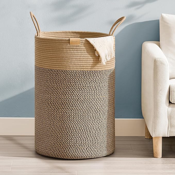 Nunsino Laundry Hamper 75L,Large Laundry Basket for Clothes,Decorative Storage Basket for Blankets,Cotton Rope Woven basket for bedroom,Dark Brown