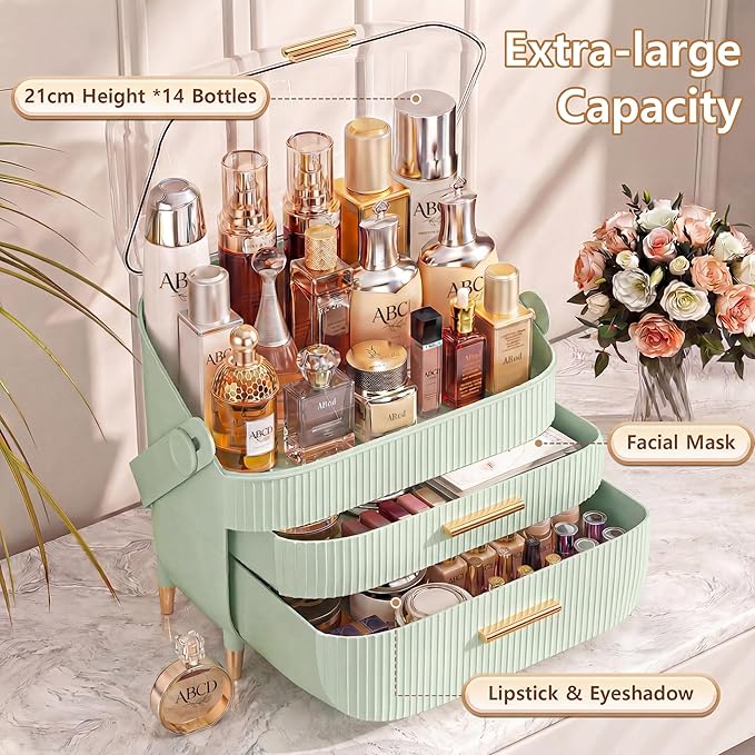 NestOrganix Makeup Organizer Skincare Organizers - Cosmetic Display Cases with Transparent Cover, SkinCare Organizers for Bathroom Countertop, Bedroom Vanity Desk, Lipstick Organizer, Green