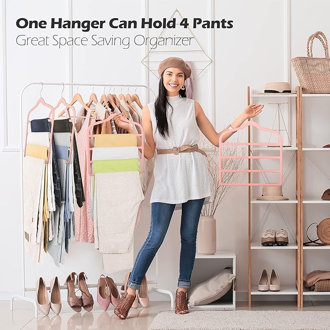 Velvet Pants Clothes Hanger Space Saving Non Slip Pants Shorts Hanger, Myfolrena Jeans Slack Trousers Hangers Multiple Velvet Hanger Closet Storage and Organization for Jeans,Scarf,Tie(Pink, 5)