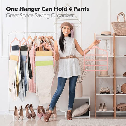 Velvet Pants Clothes Hanger Space Saving Non Slip Pants Shorts Hanger, Myfolrena Jeans Slack Trousers Hangers Multiple Velvet Hanger Closet Storage and Organization for Jeans,Scarf,Tie(Pink, 5)