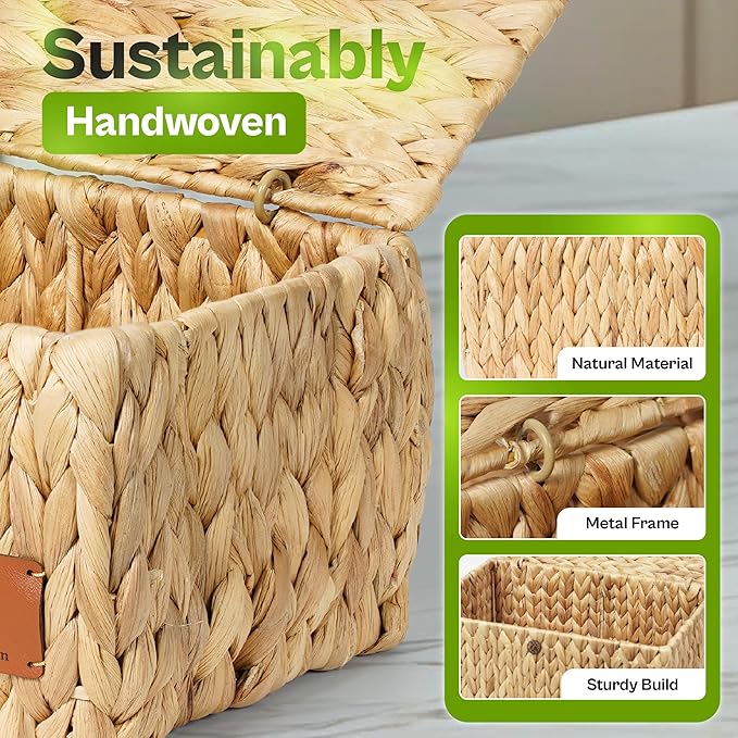 Storage Baskets with Lids, Set of 3 Wicker Baskets with Lids, Water Hyacinth Storage Basket with Lid, Decorative Woven Storage Baskets for Closet, Shelf & Home Organization